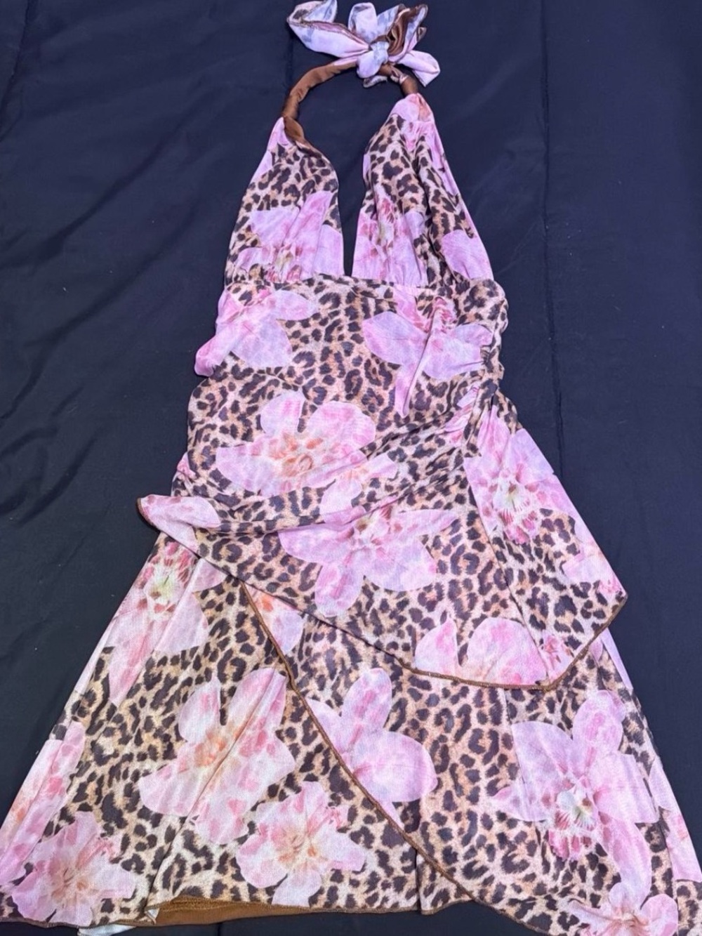 Girls Pink Floral & Leopard Print Halter Dress